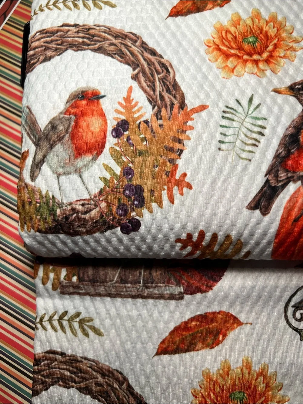 Autumn Birdhouse Textured Fabric Shower Curtain Birds Pumpkins Leaves Wreath